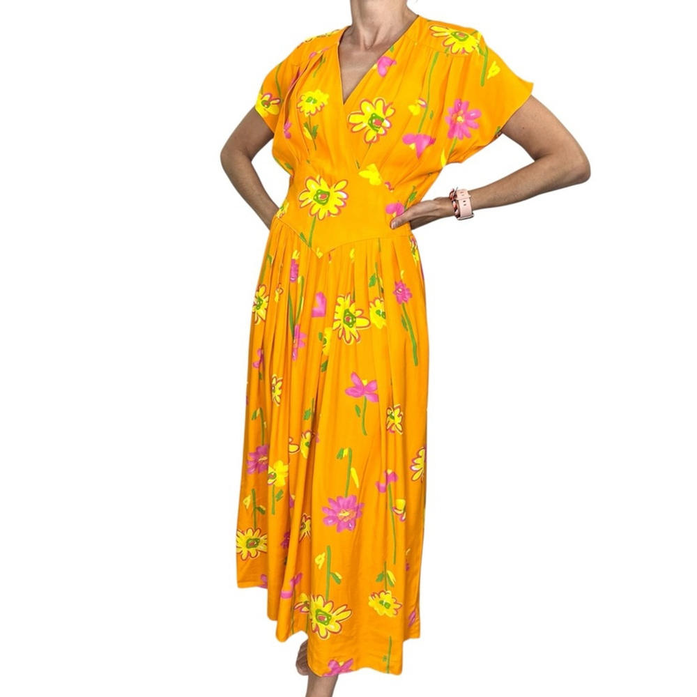 Vintage Jolibel Canada 80s 90s bright orange floral print pleated maxi dress 6